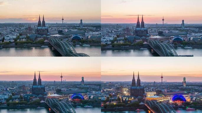 科隆城市天际线的昼夜时间流逝