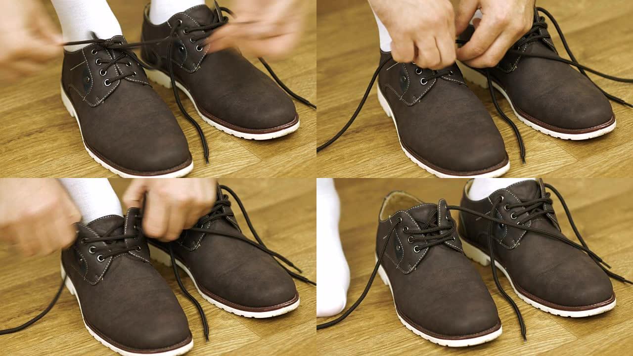 一个穿着白袜子的男人正在解开鞋带，脱下他的鞋子。解开靴子。