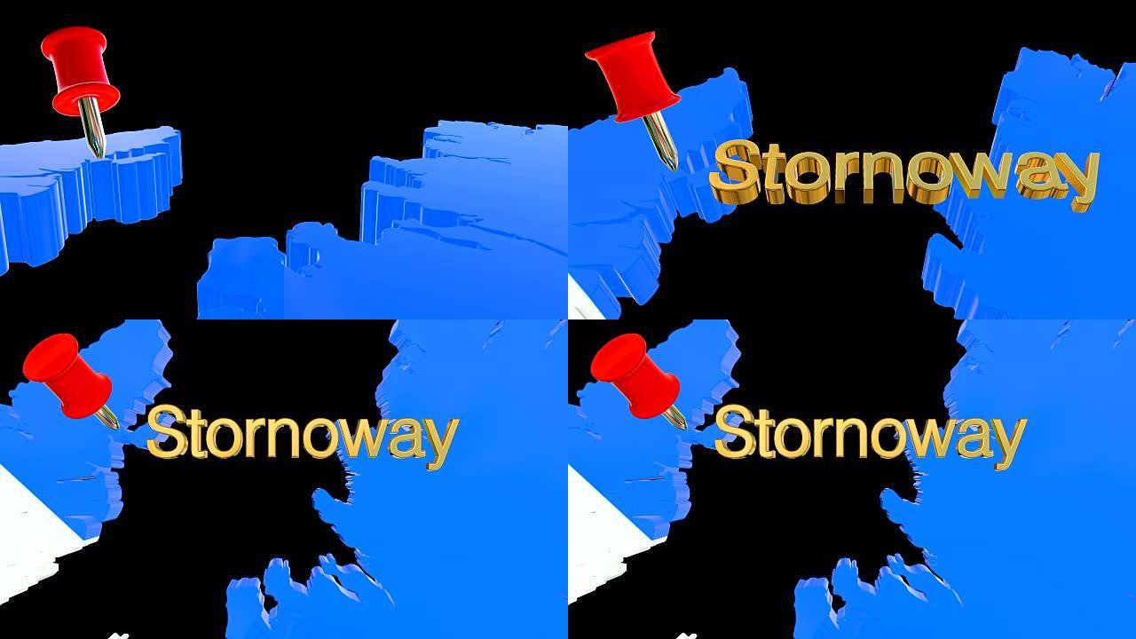带有alpha通道和3D地图引脚的苏格兰地图，突出显示Stornoway的位置