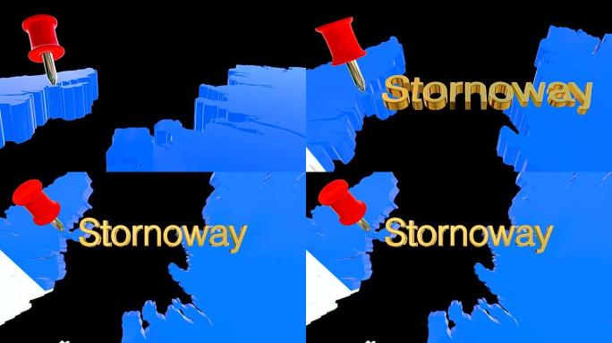 带有alpha通道和3D地图引脚的苏格兰地图，突出显示Stornoway的位置