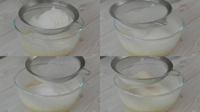 将面粉筛成鸡蛋，黄油和糖面糊