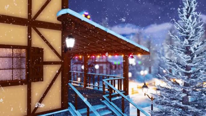 半木结构高山房屋在下雪的冬夜特写
