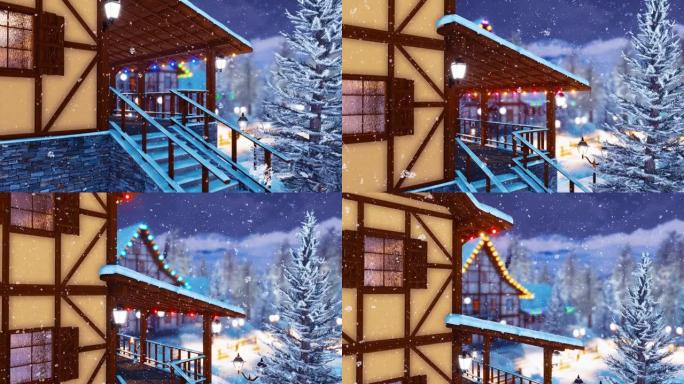 半木结构高山房屋在下雪的冬夜特写