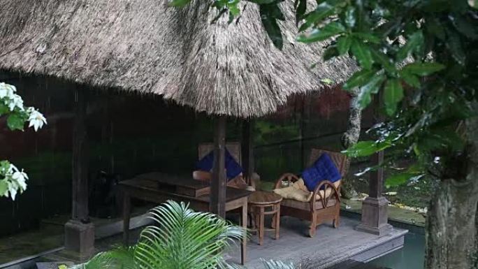 印尼热带树木的游泳池上落下的夏季雨水