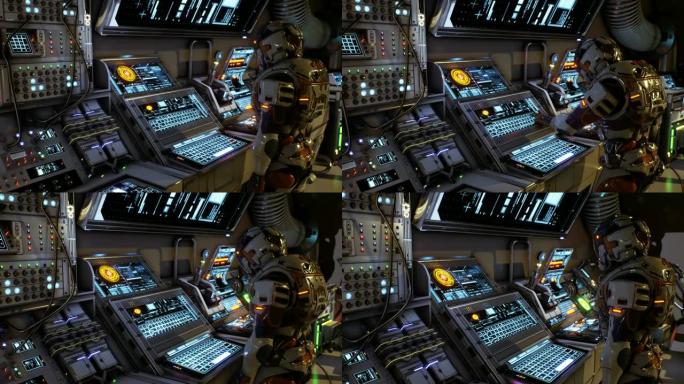 未来的宇航员按下科幻屏幕上的键。逼真的运动背景。