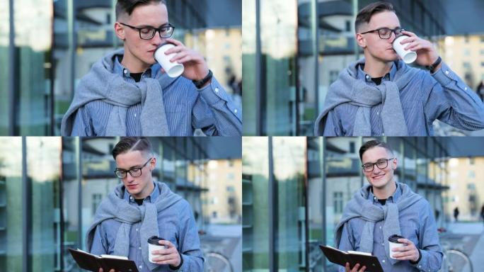 年轻人在户外看书和喝咖啡