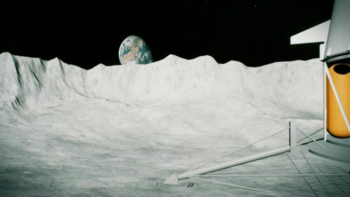 宇航员在月球上的着陆器附近的火山口敬礼。3D背景动画