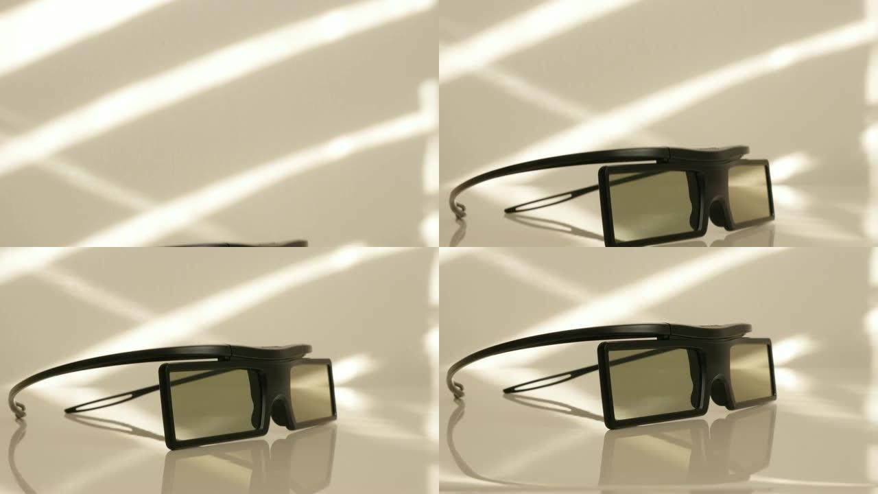 白色反射背景下的现代有源3D高清电视眼镜慢倾斜4K