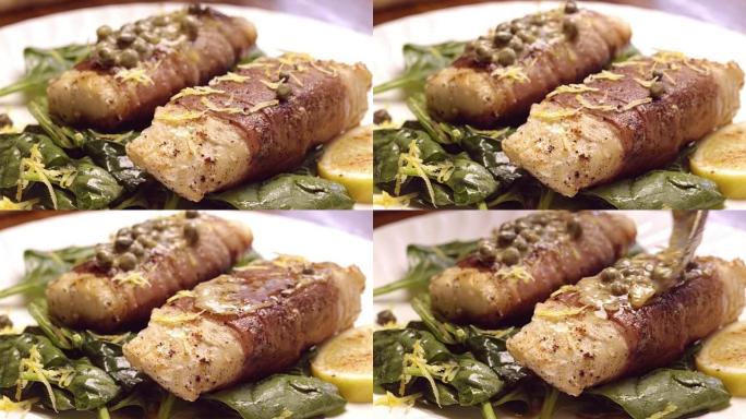 帕尔马火腿火腿包裹鳕鱼片，刺山柑