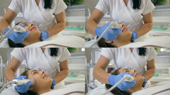 清洁面部护理，快乐的客户女性享受美容院皮肤护理的美容恢复程序