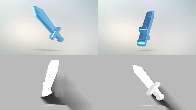 剑图标由玻璃制成。半透明旋转剑图标，阿尔法通道蓝绿色。无缝循环符号3D图形