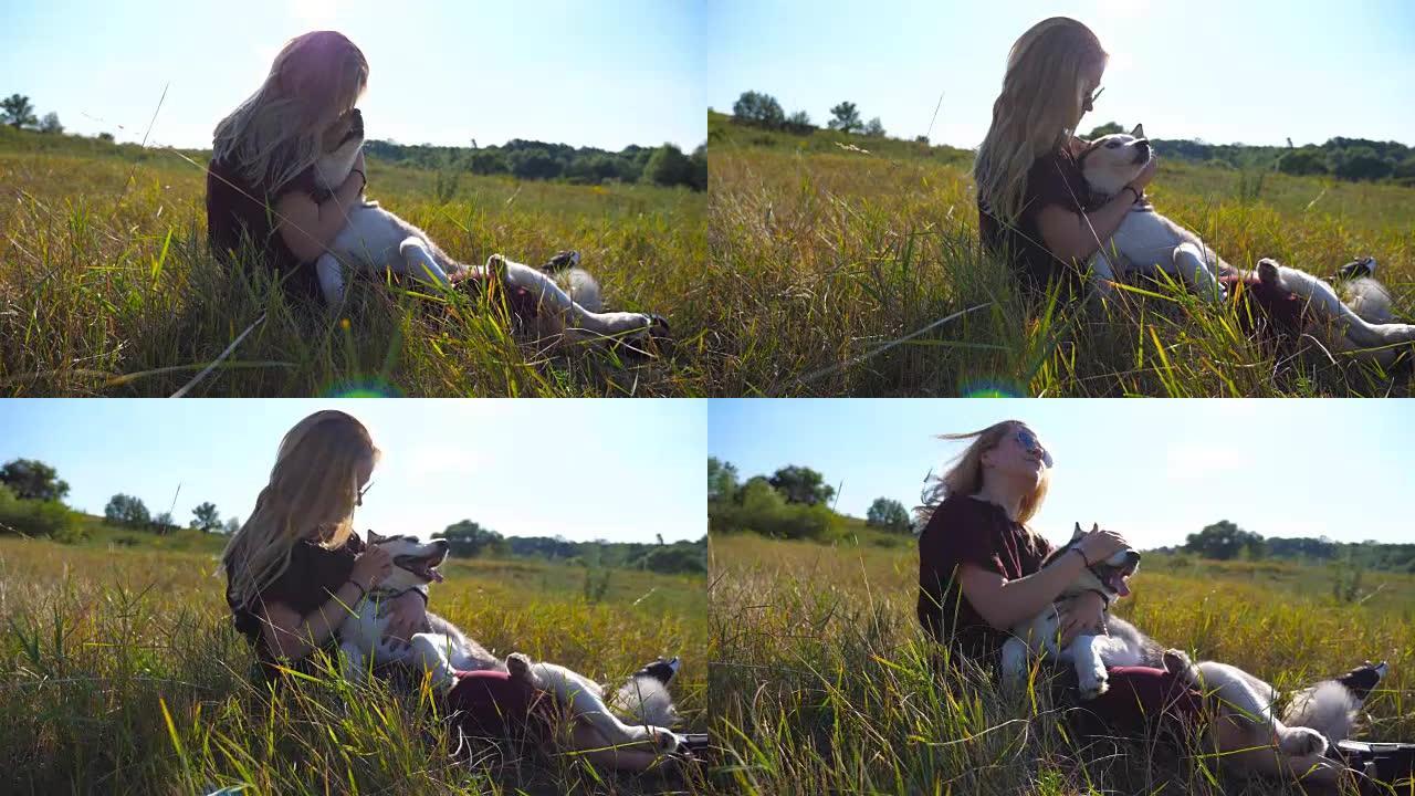 多莉 (Dolly) 拍摄的金发女孩坐在田野的草地上，抱着她的哈士奇狗。戴着墨镜的美女在草地爱抚和亲