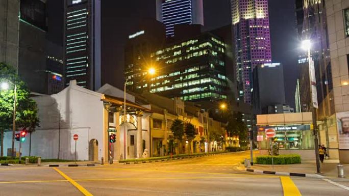 新加坡市中心，摩天大楼，夜间交通丰富多彩，延时视频