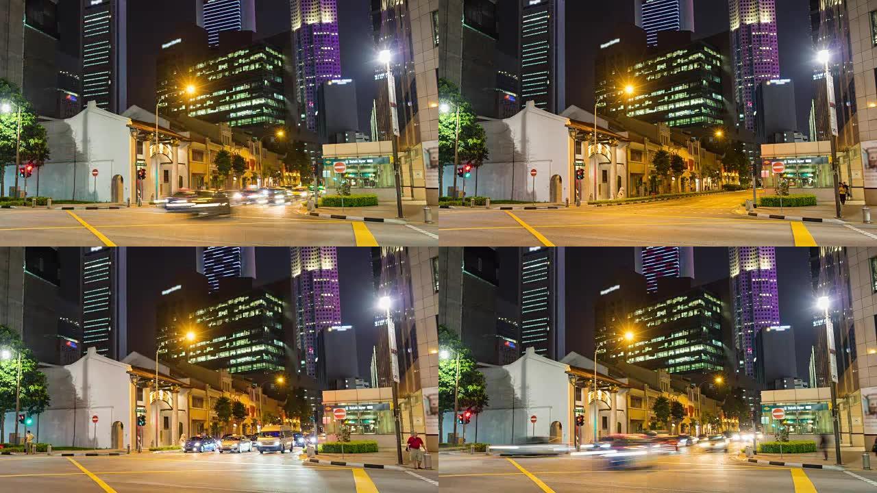 新加坡市中心，摩天大楼，夜间交通丰富多彩，延时视频