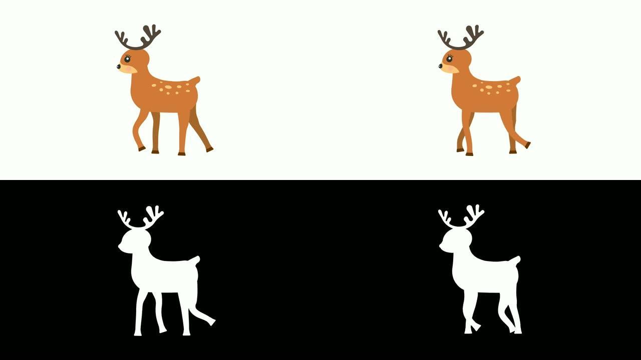 卡通鹿行走动画，可选亮度哑光。包括阿尔法亮度哑光。4k视频