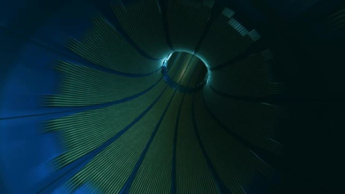 带有梦幻般的灯光的科幻隧道中飞行动画的抽象循环背景。