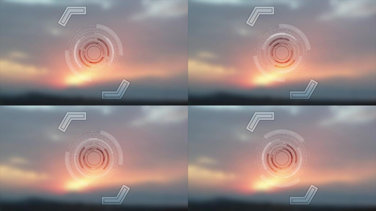 日落背景视频动画上的明亮技术平视显示器设计
