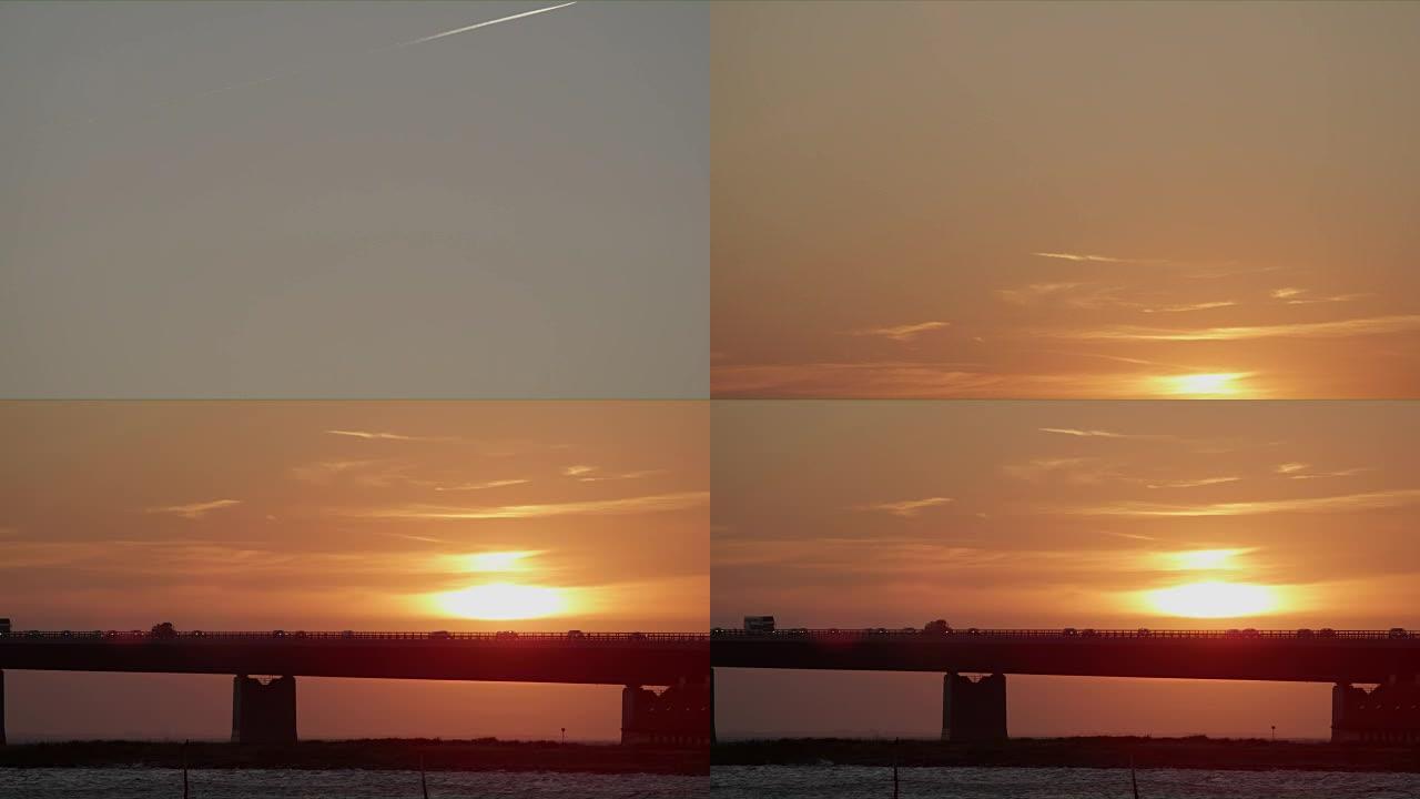 丹麦大贝尔特桥日落时的史诗般的天空