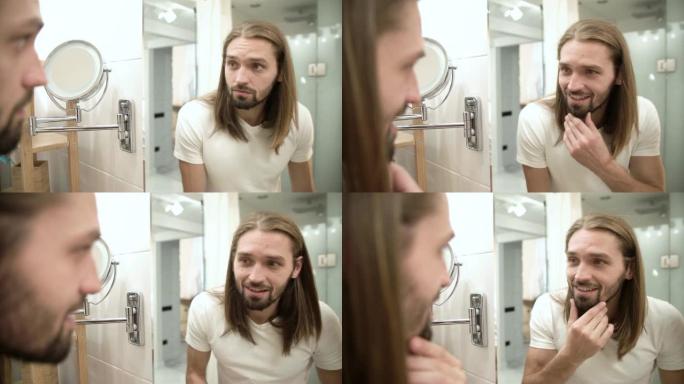 浴室。男人照镜子，摸脸