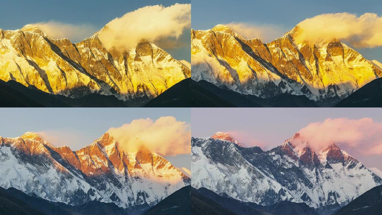 尼泊尔南车巴扎的珠穆朗玛峰和洛子峰景观。延时