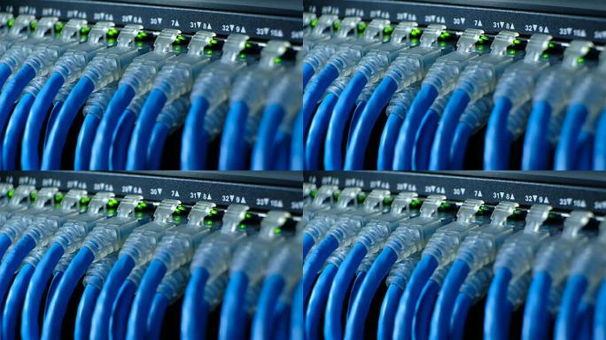 网络电缆连接网络千兆交换机和发光二极管端口状态为闪烁。