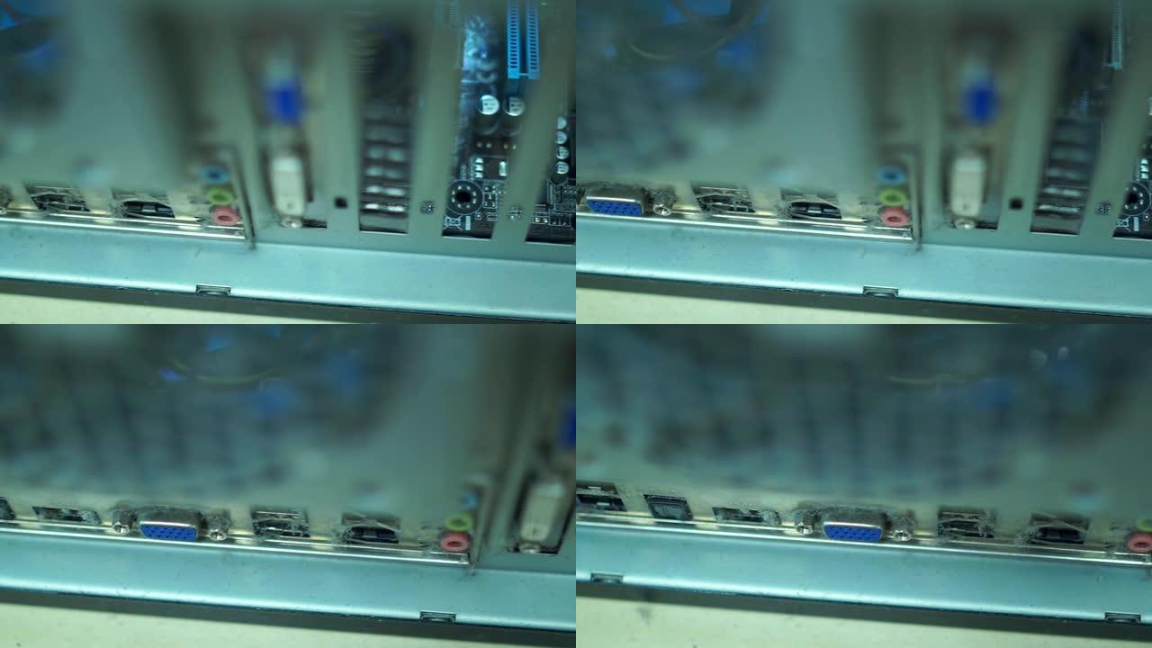 计算机背面的微距拍摄连接器。它们又脏。