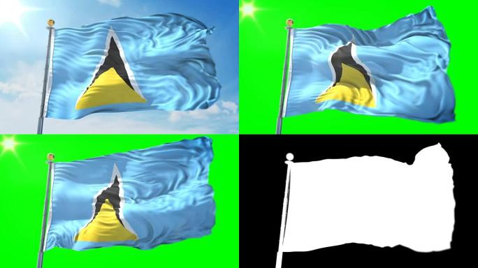 圣卢西亚旗帜无缝循环3D渲染视频。美丽的纺织布织物环摆动