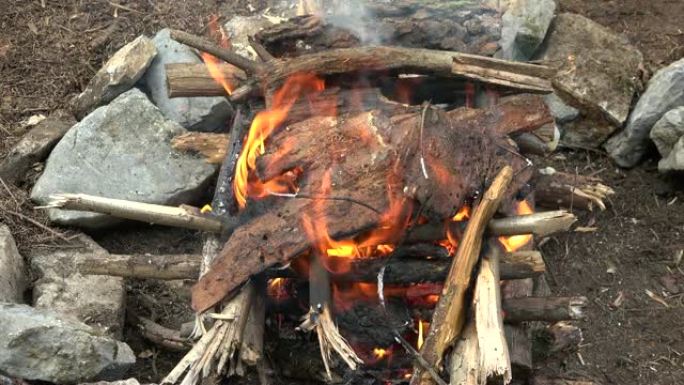 森林地面上的圆形壁炉着火