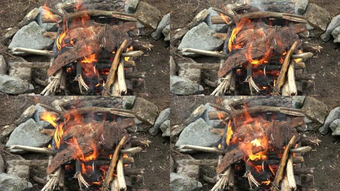 森林地面上的圆形壁炉着火