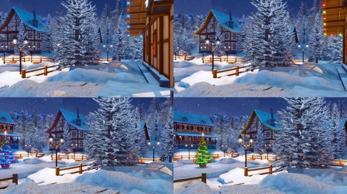 圣诞节之夜白雪皑皑的高山山村