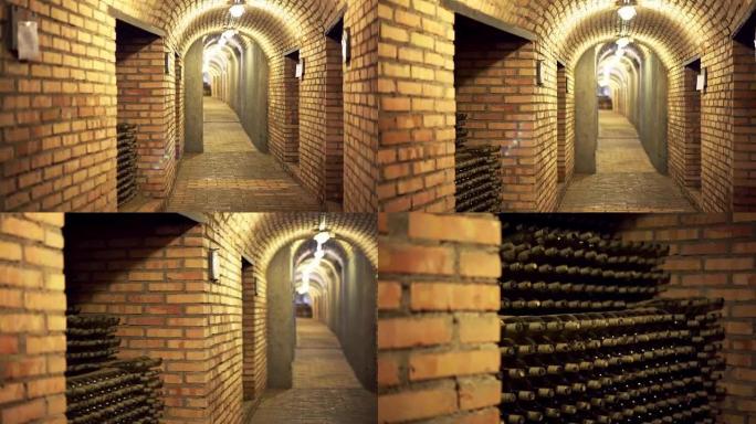 旧酒窖中的长走廊是一个装有瓶子的仓库。传统酒窖。4K (UHD