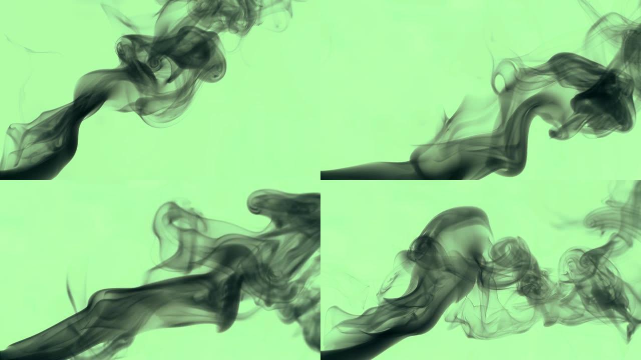 黑烟呈部分飞散。隔离的绿色屏幕，便于视频编辑器中的覆盖。慢动作