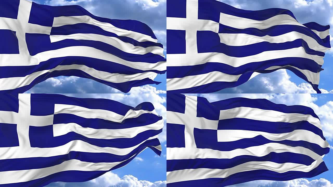 在希腊蔚蓝的天空中挥舞着旗帜