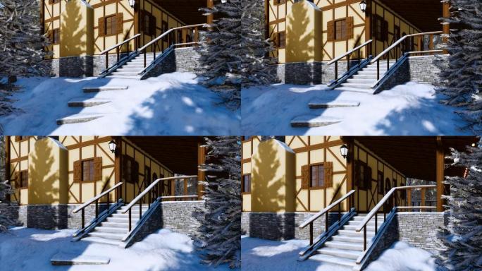 冬季半木结构的乡村房屋的积雪覆盖的门廊