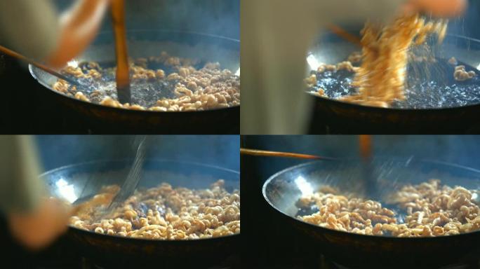 猪肉零食或猪皮抓皮在锅上用热油烹饪