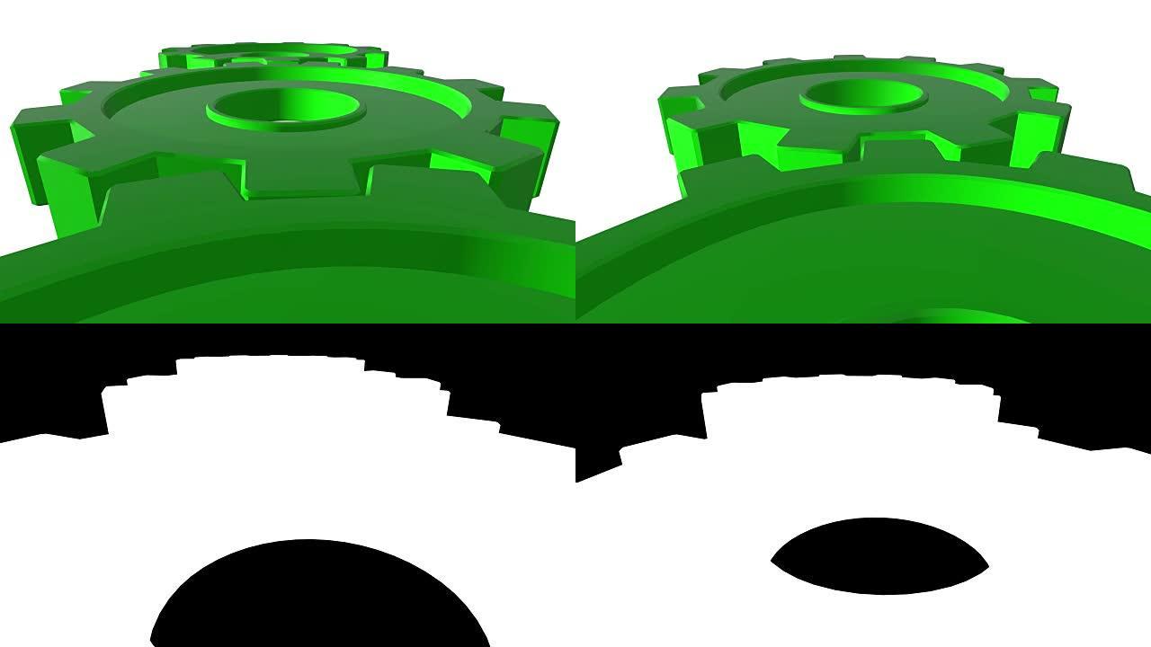 3D齿轮绿色。白色背景。阿尔法通道。特写