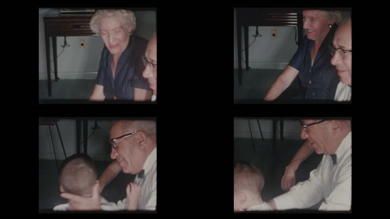 1961祖父母亲吻不情愿害羞的2岁孙子