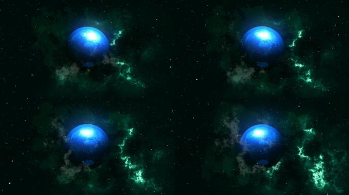 4k蓝色发光神秘行星与恒星粒子运动背景