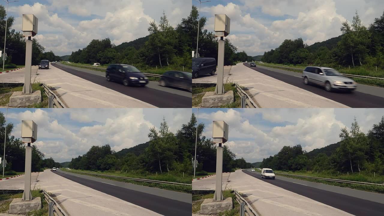 路边有带测速摄像头和雷达的汽车的高速公路