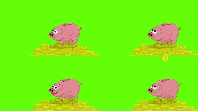 粉红猪钱箱和掉落的硬币。
