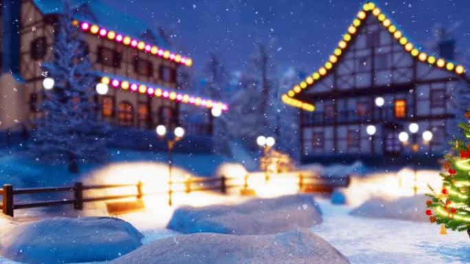 snowfal冬季之夜在舒适的小镇上的圣诞树