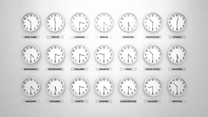 许多白色的圆钟在世界各地不同的城市显示不同的时间。白墙后面。