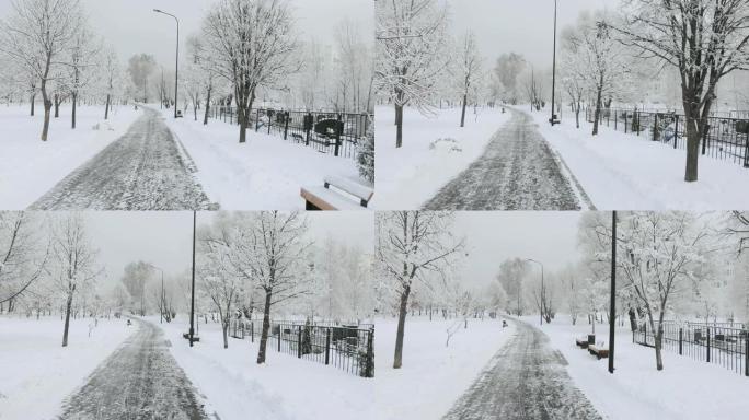墓地沿线积雪覆盖的道路