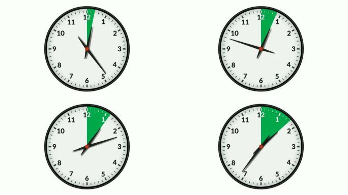 显示绿色时间间隔的动画挂钟