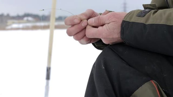 冬季渔夫在钩子上戴上血虫。冬季钓鱼给人一种整天的好心情