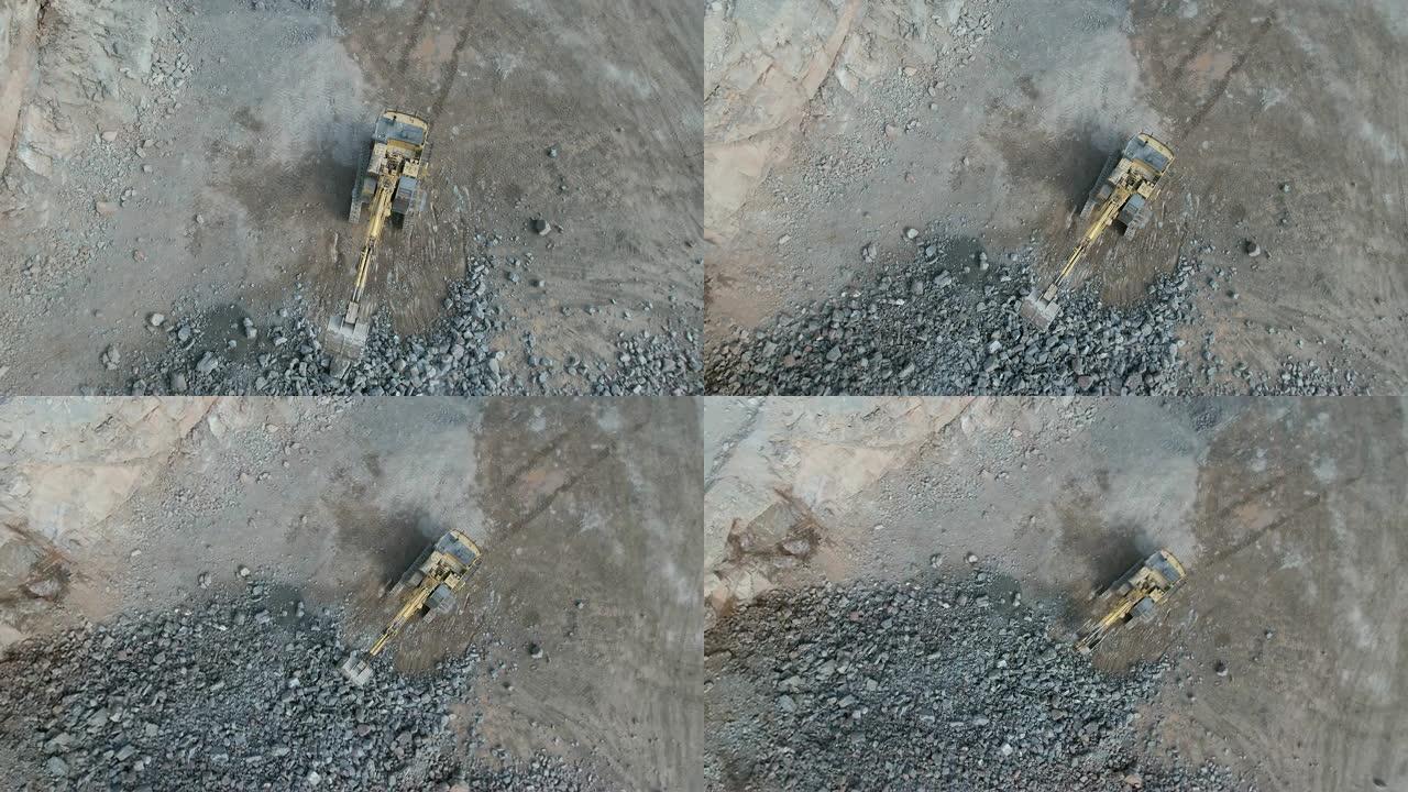 在采石场工作的挖掘机的鸟瞰图