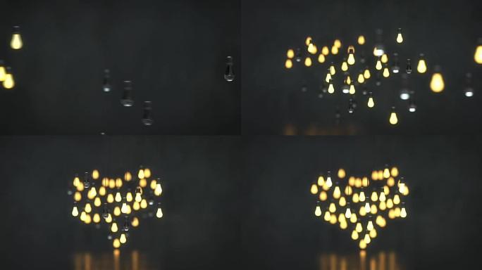 悬挂式灯泡的心形3D渲染动画