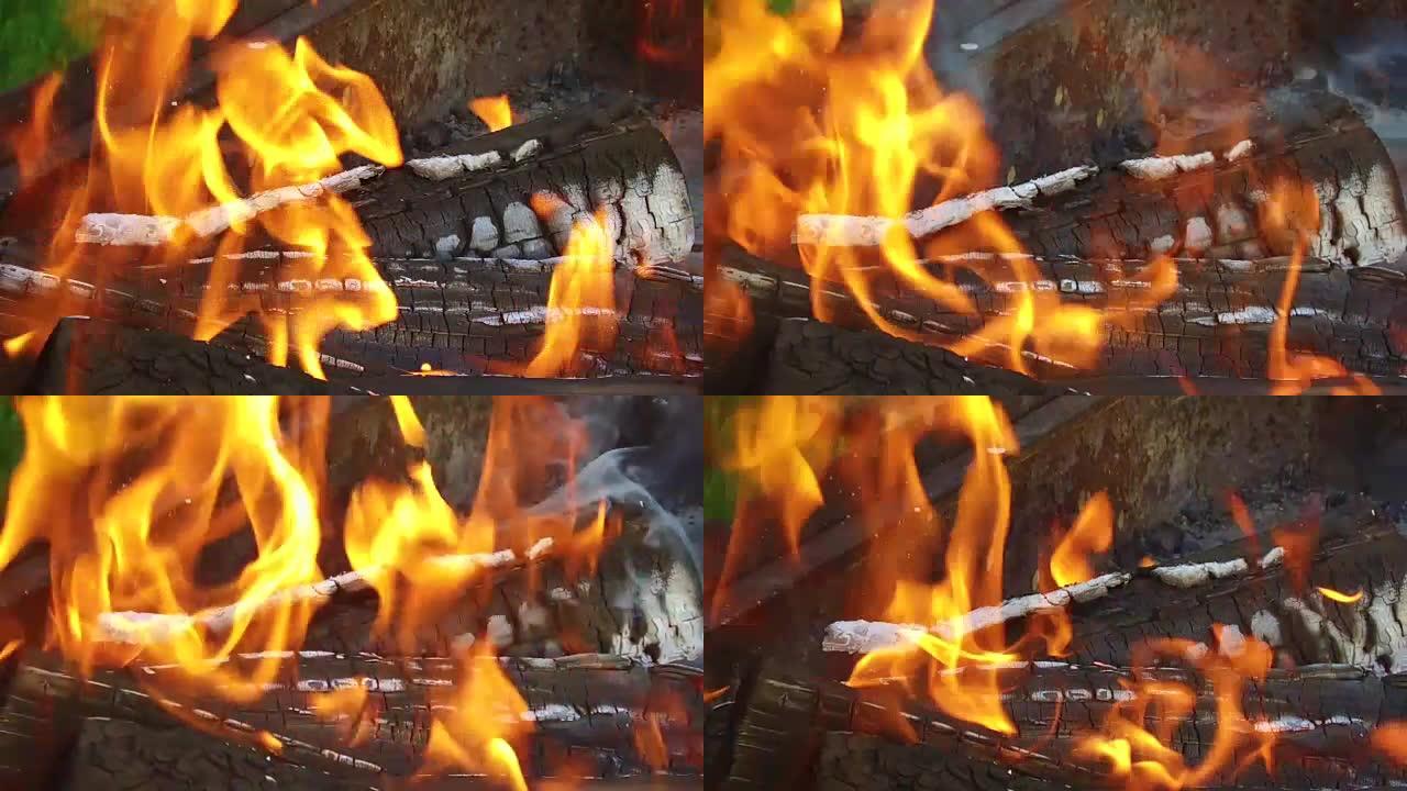 户外火盆里燃烧的木柴