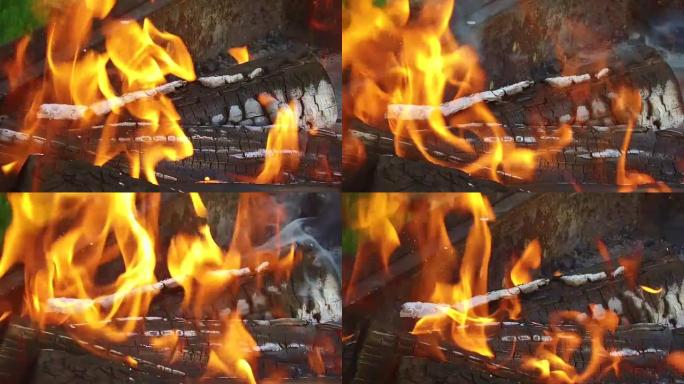 户外火盆里燃烧的木柴