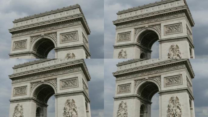法国巴黎凯旋门高度详细的表面在多云的天空前4K 3840x2160 30fps超高清倾斜镜头-世界著
